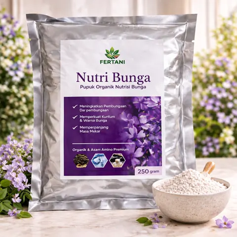 Kemasan Fertani Nutri Bunga 250 gram di samping mangkuk berisi serbuk pupuk