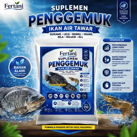 Kemasan Fertani Suplemen Penggemuk Ikan Air Tawar 250 gram dengan gambar ikan nila dan udang