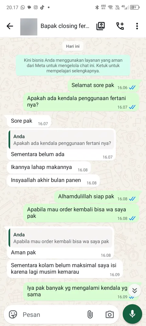 Chat WhatsApp: pembeli menulis ikannya lahap makannya dan insyaallah akhir bulan panen